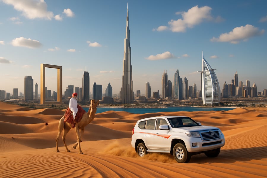 Dubai skyline with famous landmarks and desert adventure