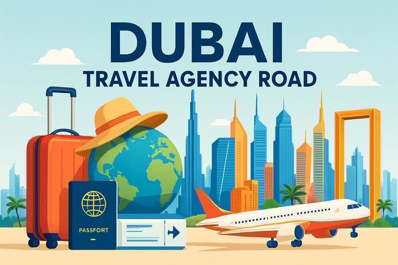 Dubai skyline with travel elements representing Dubai Travel Agency Road
